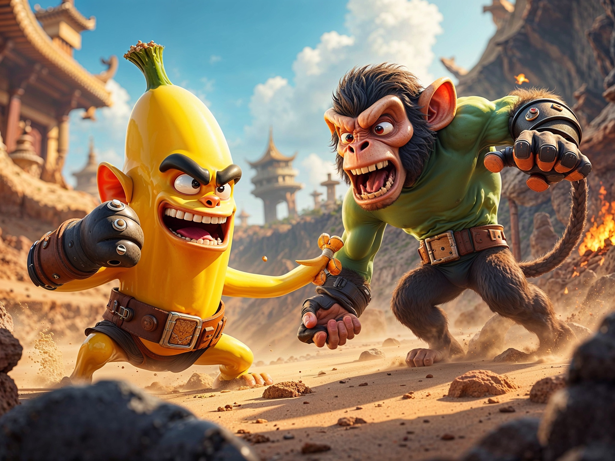 Banana and goblin characters fighting