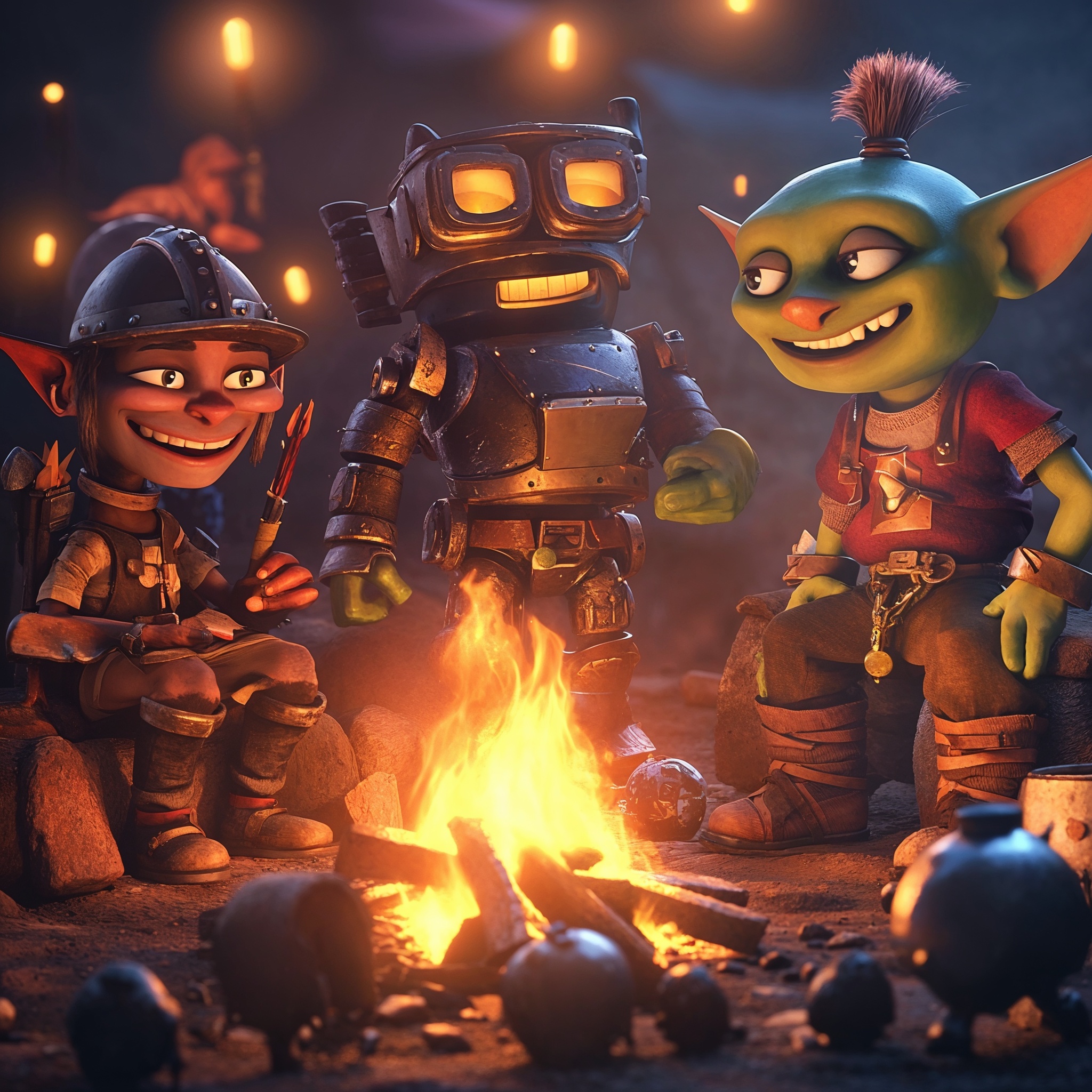 Characters around campfire