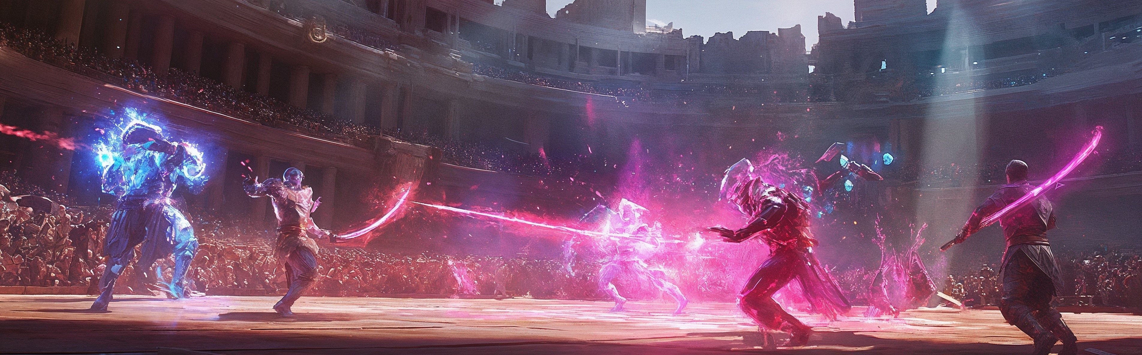 Two fighters engaged in battle with glowing effects