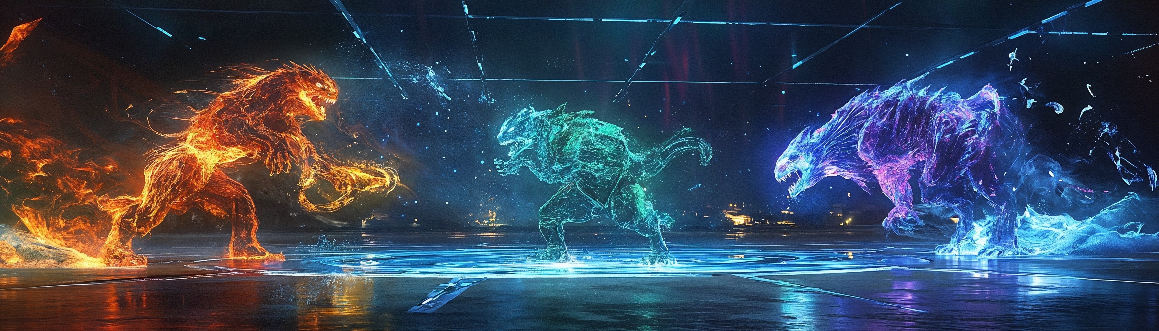 Energy figures fighting in an arena-like setting